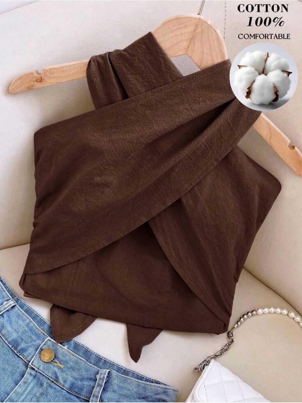 SHEIN Brown Crisscross Halter Top Size Medium NWOT - Picture 4 of 6